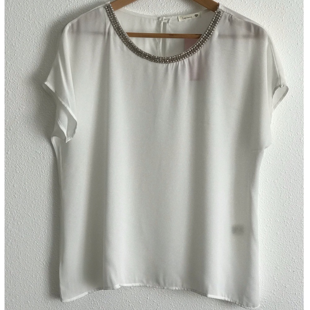 Soprano Sheer White Blouse w/Jeweled Neckline - L